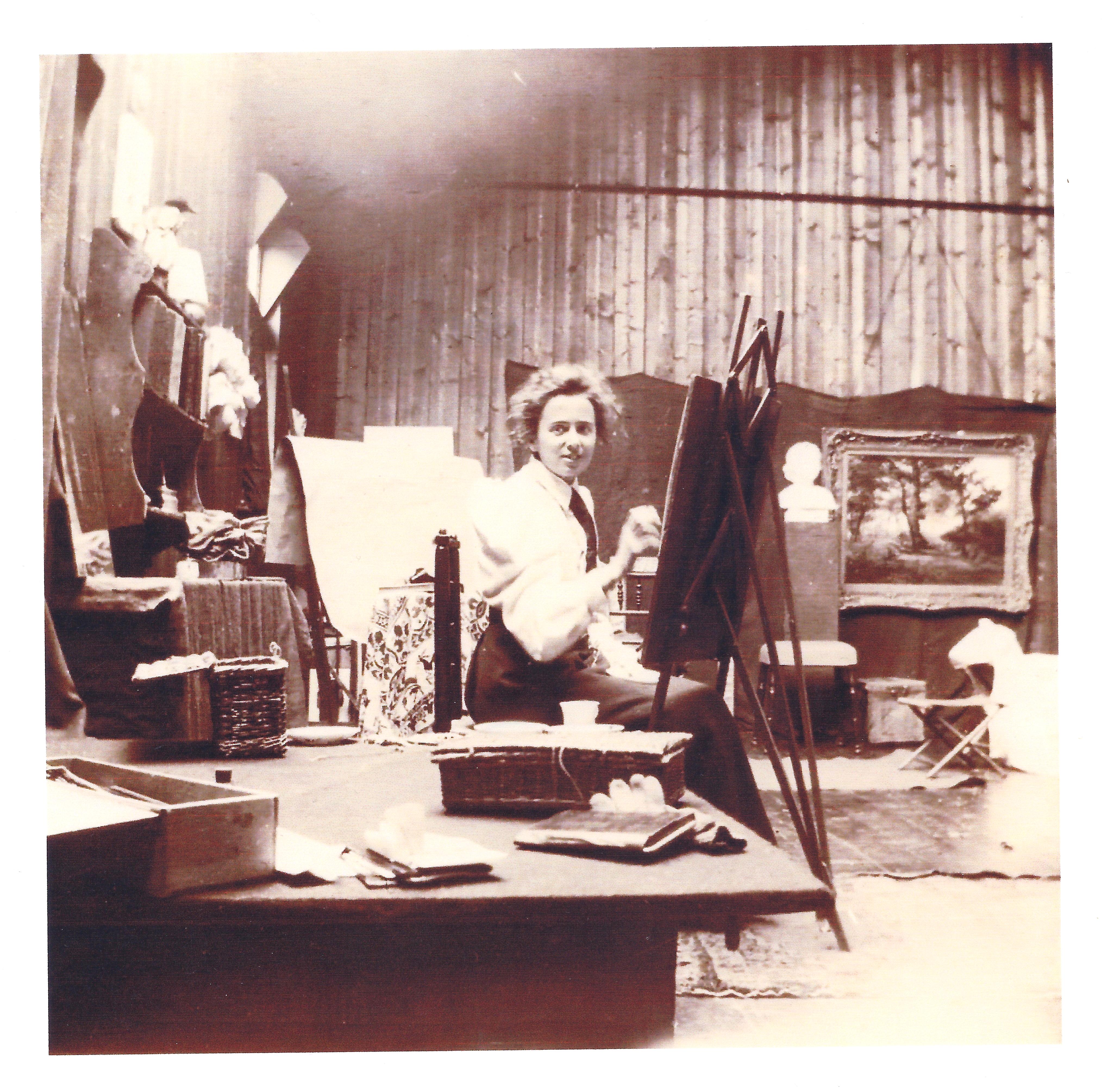 Mary Greene in her studio in Harston House grounds