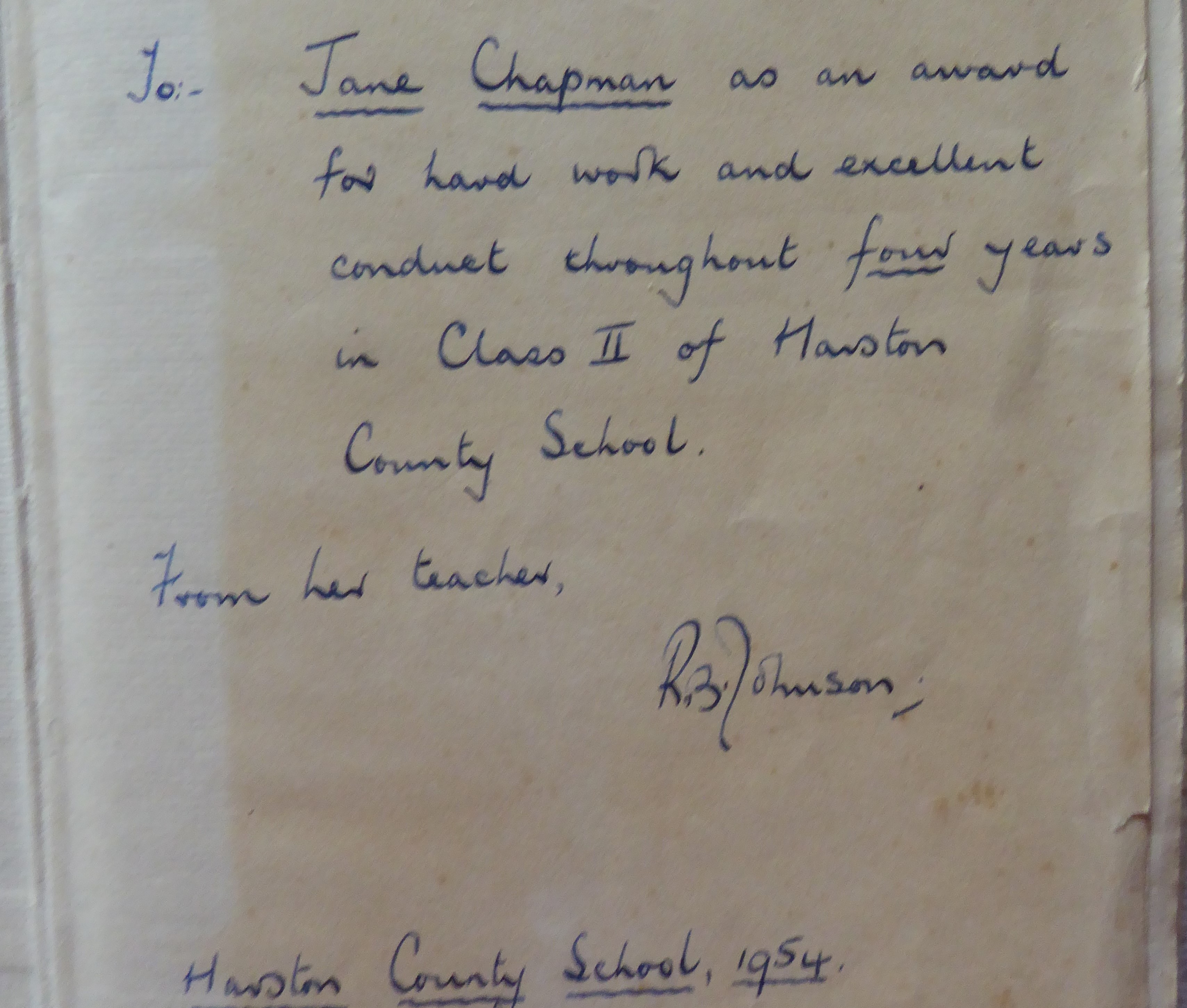 Jane Chapman school prize of bible 1954