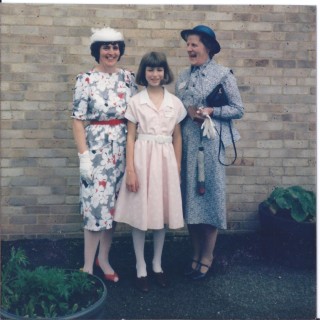 Mrs Pluck & Mrs Askham & Helen presenting Save Children cheque 1985 | (Deacon)