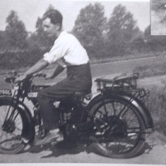 In 1920s Ted Austin on his motorcycle. He worked on Manor Farm, Foxton Rd. He died in 1992 age 87 | (Deacon)