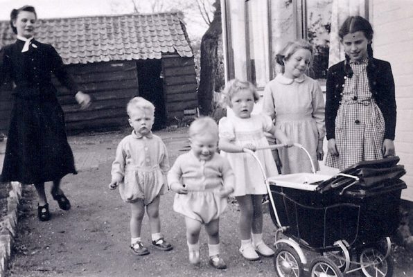 May 6, 1950, Vicky Jones, helper, to left at Beechcroft school when Janet (2nd from right) boarded occasionally
