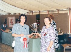 Bridget Bromilow receiving cup for Seasonal Surprise competition from Jean Hearne at East of England show July 1991