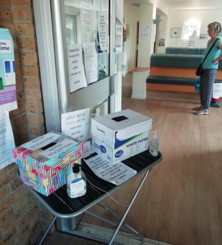 Santitiser and distancing as you enter Harston surgery during Covid19 May 2020 | (Roadley)