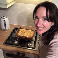 PZZECov.130 Genevieve Wedgbury and cooking A6 printed Genevieve cooking a new recipe | (G Wedgbury)